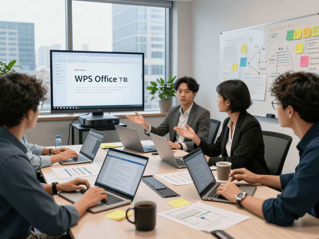 专业团队在会议室讨论WPS Office下载的功能与优势，突显协作与高效能