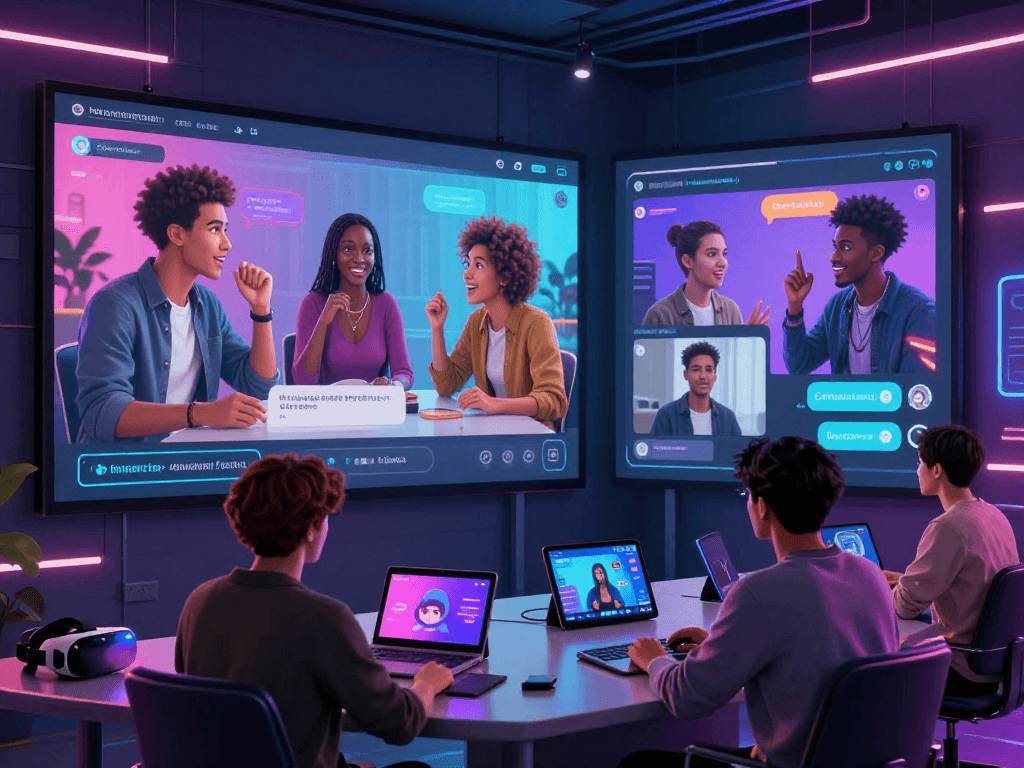 Interactive virtual chat environment showcasing porn chat AI with diverse characters, vibrant neon lights, and immersive technology.