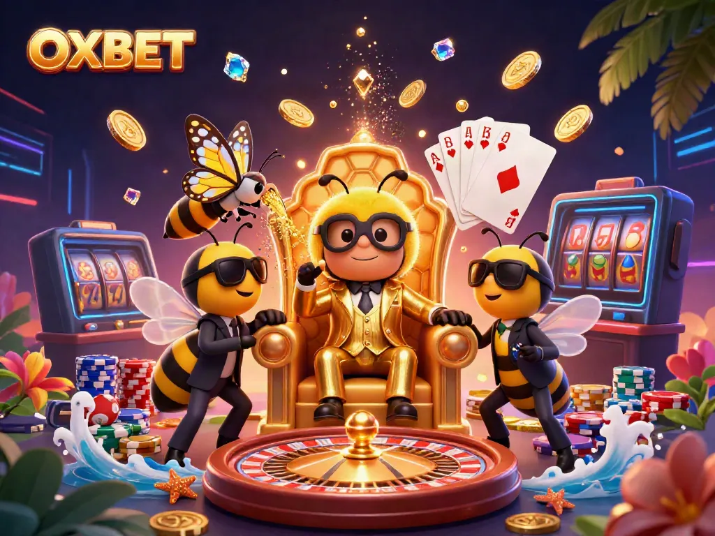 Experience excitement with OXBET's casino scene featuring a bumblebee mob boss and golden casino elements.