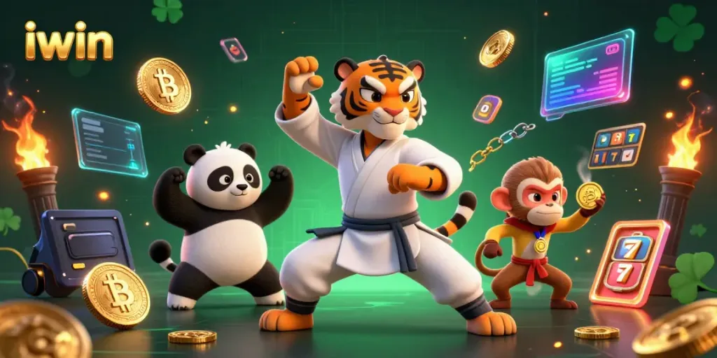 Experience exciting gaming with iwin as a kung fu tiger and friends play amidst vibrant slot symbols and crypto coins.