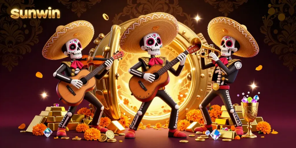 Experience the vibrant excitement of sunwin with a lively mariachi band amidst treasures and gems.