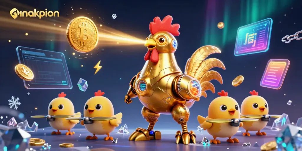 Engage with anakpion in a lively virtual casino atmosphere featuring a golden rooster robot and chick drones.
