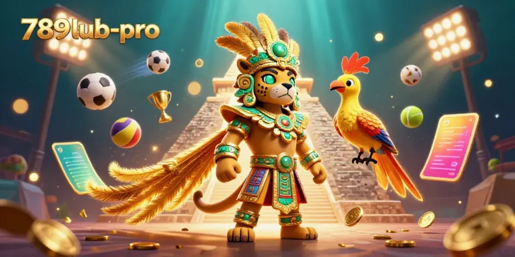 Engage with 789lub-pro’s dynamic sports betting scene featuring a Mayan priest and golden trophies.