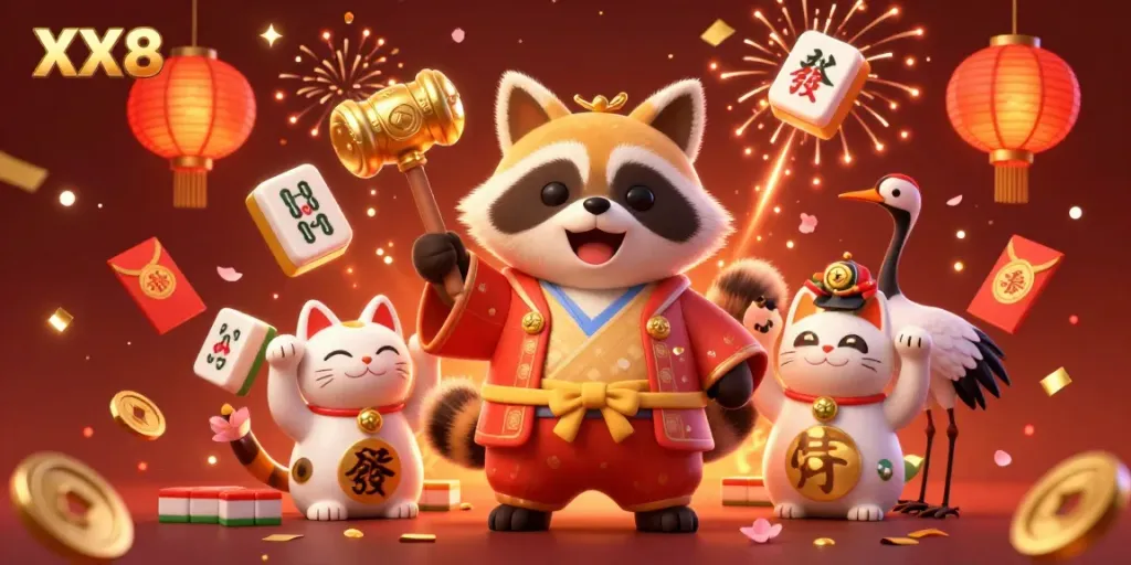 Experience the excitement with XX8 in this festive 3D casino illustration featuring vibrant characters and game elements.