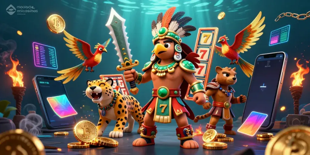 Experience dynamic gameplay in mobile online casinos with vibrant Aztec warriors and jackpot slot reels.