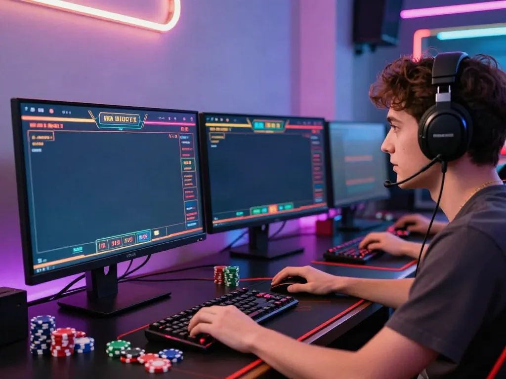 Excited gamer immersed in man88 live casino experience with modern setup