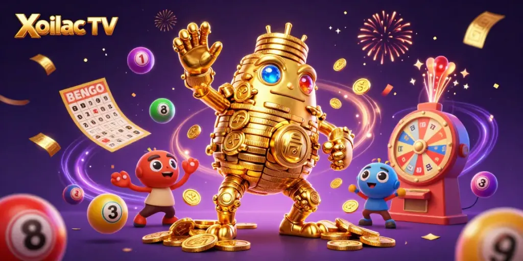 Xoilac TV showcases vibrant lottery elements and rich gaming imagery in a dynamic 3D scene