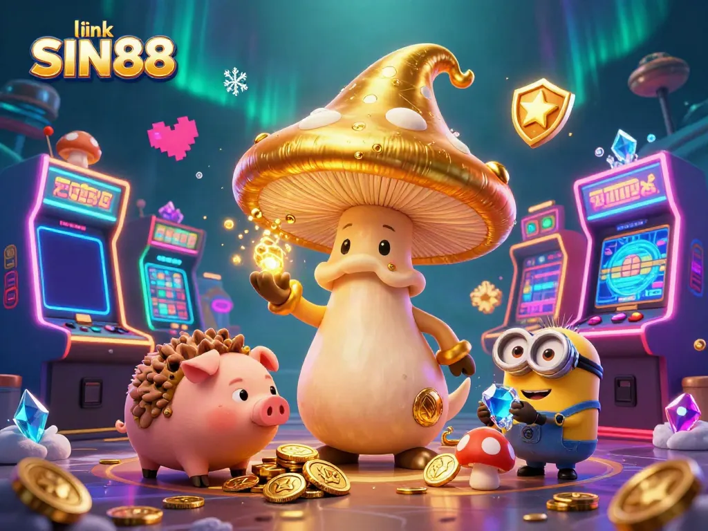 Engage in excitement with link SIN88 as a golden mushroom wizard and treasure-seeking characters illuminate the casino scene.