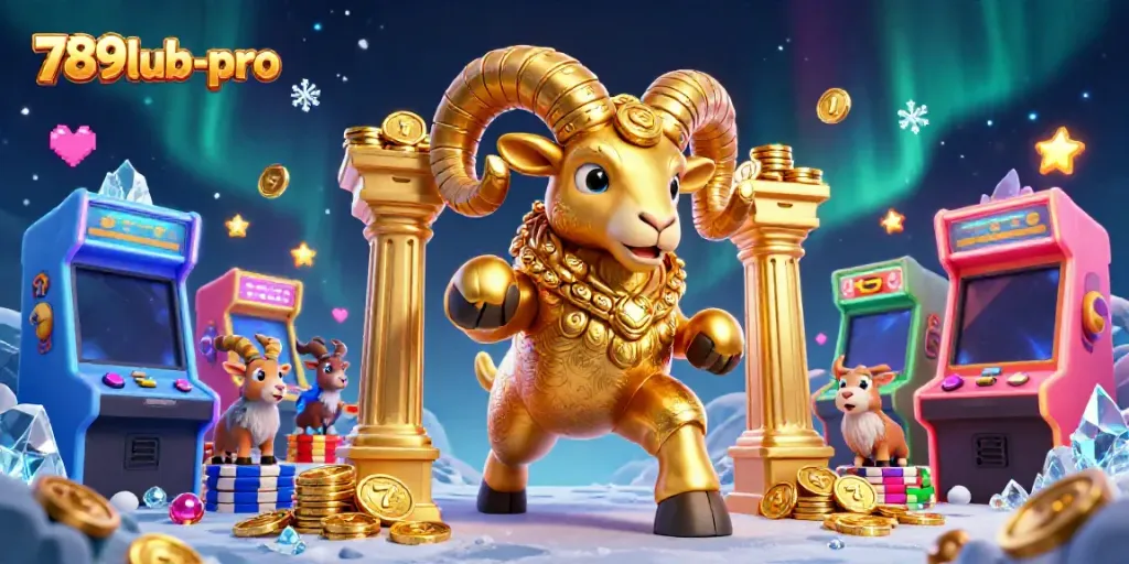 Join the excitement at 789lub-pro with a golden ram charging towards slot machines, showcasing vibrant gaming action.