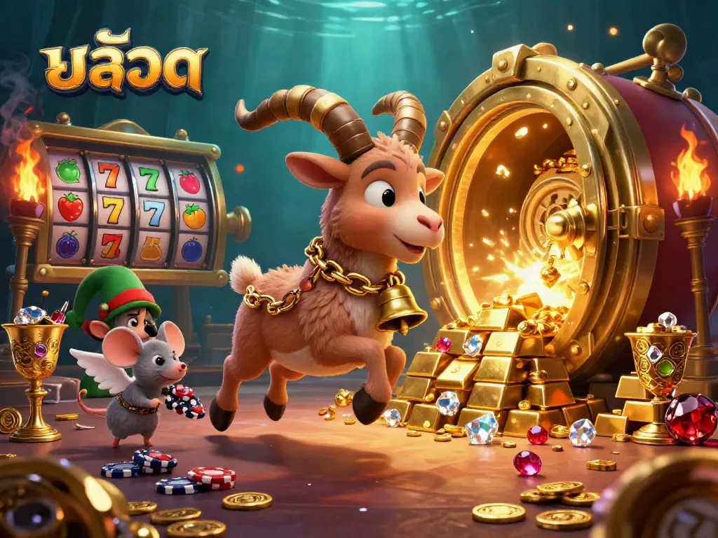 Spin the reels of สล็อต in a vibrant casino scene with whimsical characters and abundant treasures.