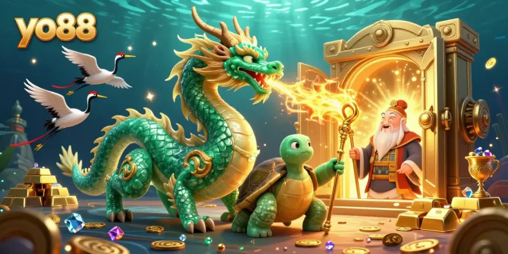 Experience the magic of yo88 with an emerald jade dragon, treasures, and lucky cranes in this vibrant casino scene.