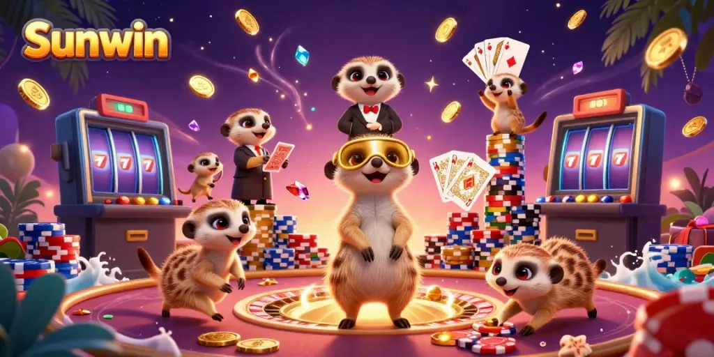 Experience the thrilling gaming excitement at Sunwin with lively meerkats managing a vibrant casino scene.