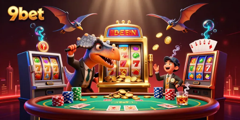 Experience the excitement of 9bet with a thrilling jackpot scene featuring animated characters and casino elements.
