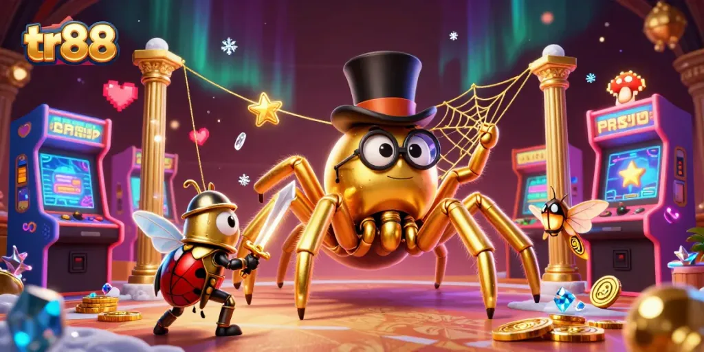 Experience thrilling gameplay at tr88 with a golden tarantula and a knight in a casino world.