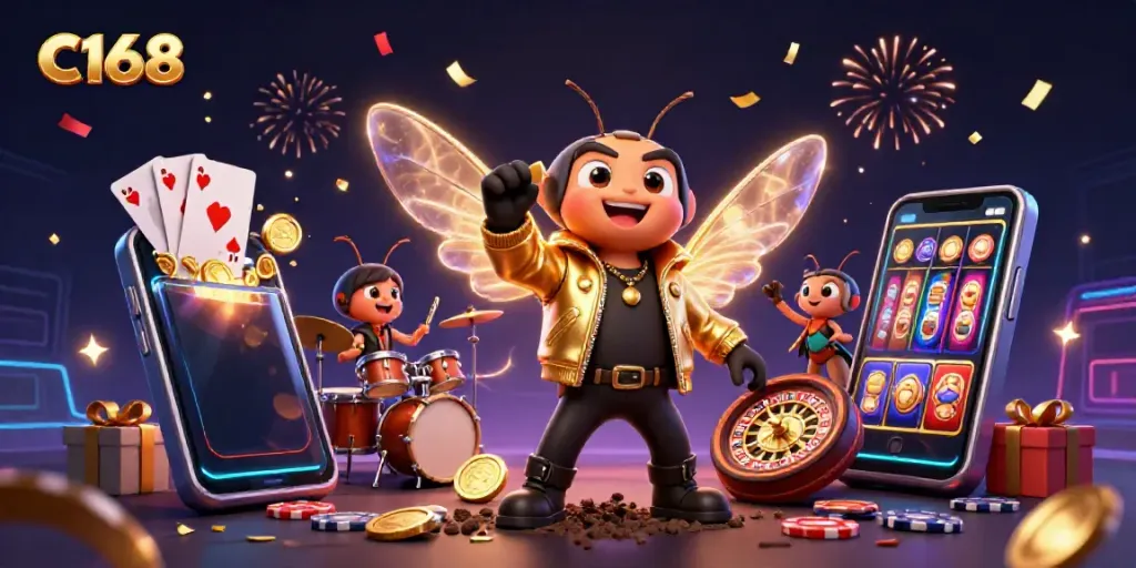 Experience a thrilling C168 gaming atmosphere with vibrant characters and casino elements, showcasing excitement.
