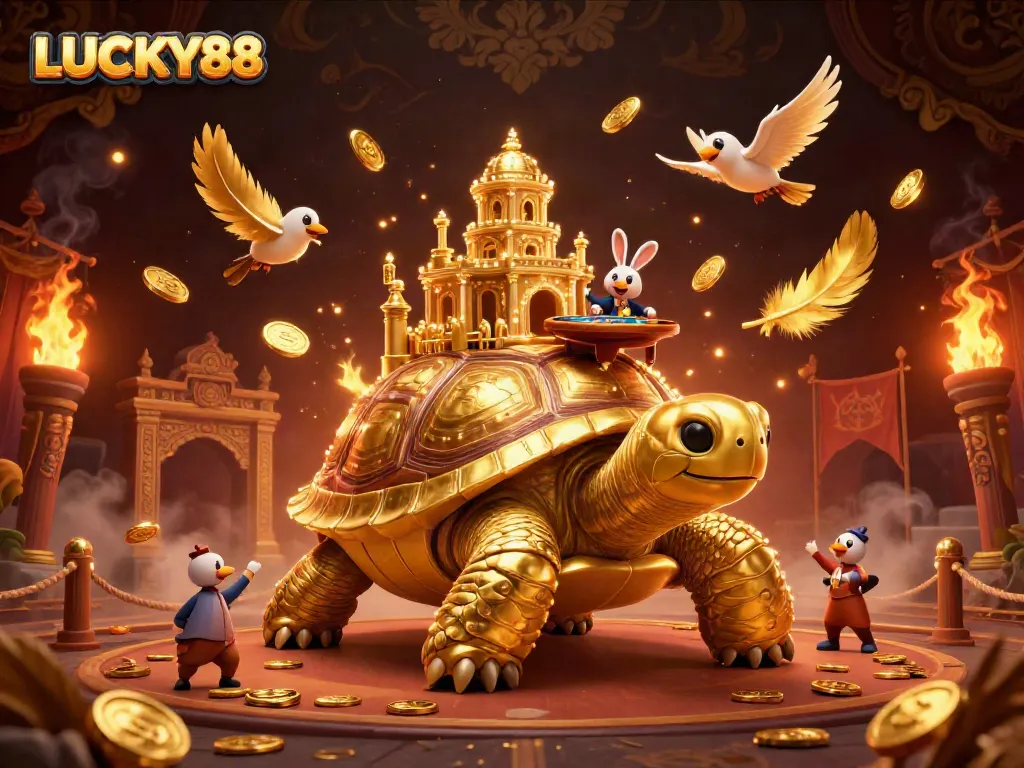 Engage in LUCKY88's dynamic casino scene featuring a golden tortoise, rabbit dealer, and flying coins.