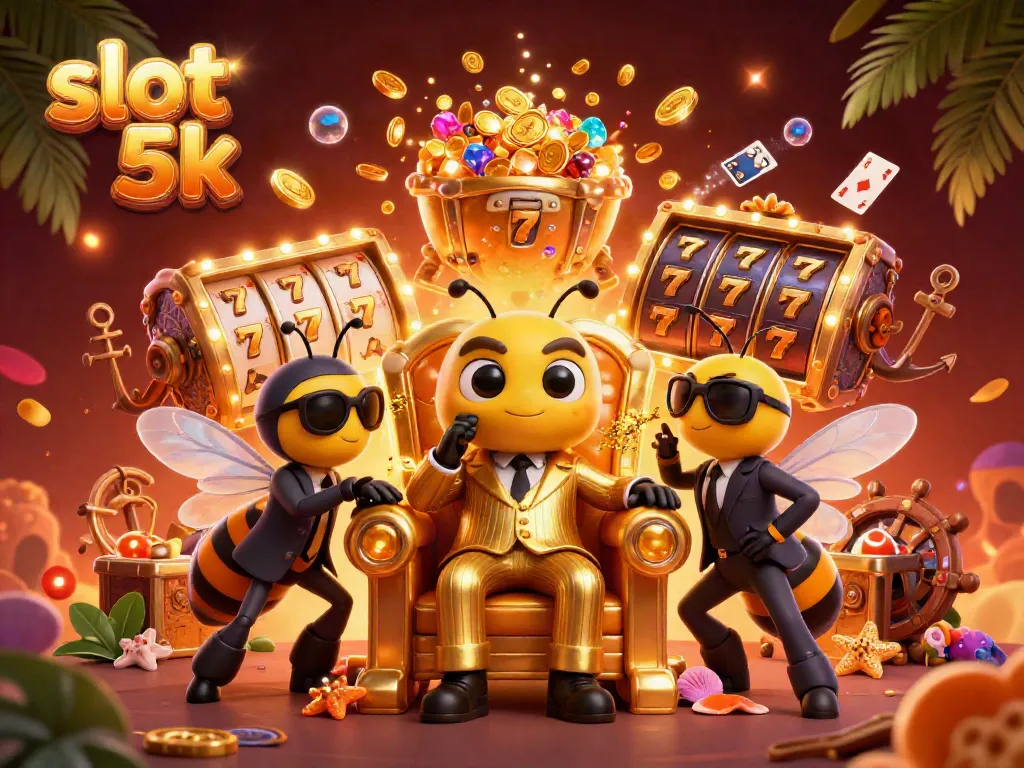 Experience the excitement of slot 5k with a dynamic casino-themed scene featuring colorful slot reels and lively characters.