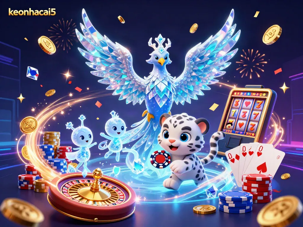 Experience thrilling gaming action with keonhacai5 featuring an ice phoenix and vibrant casino elements.