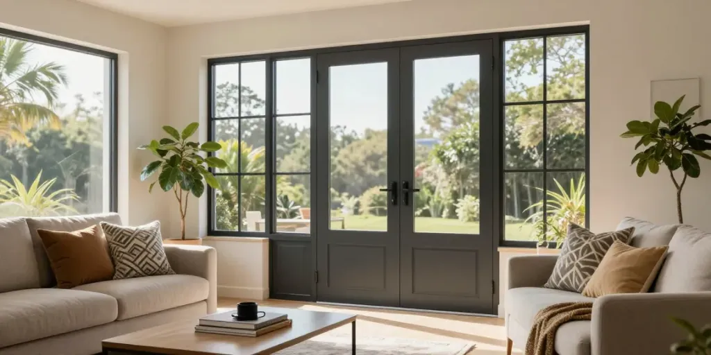 Elegant modern living room featuring stylish Pintu upvc custom doors and natural lighting.
