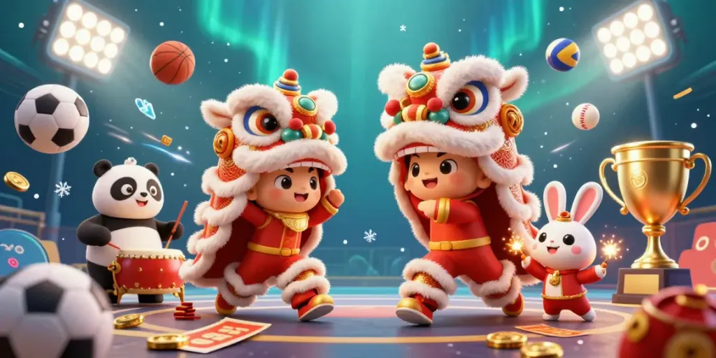 Experience the vibrant energy of AD88’s live gaming scene featuring a lion dance and dynamic sports elements.