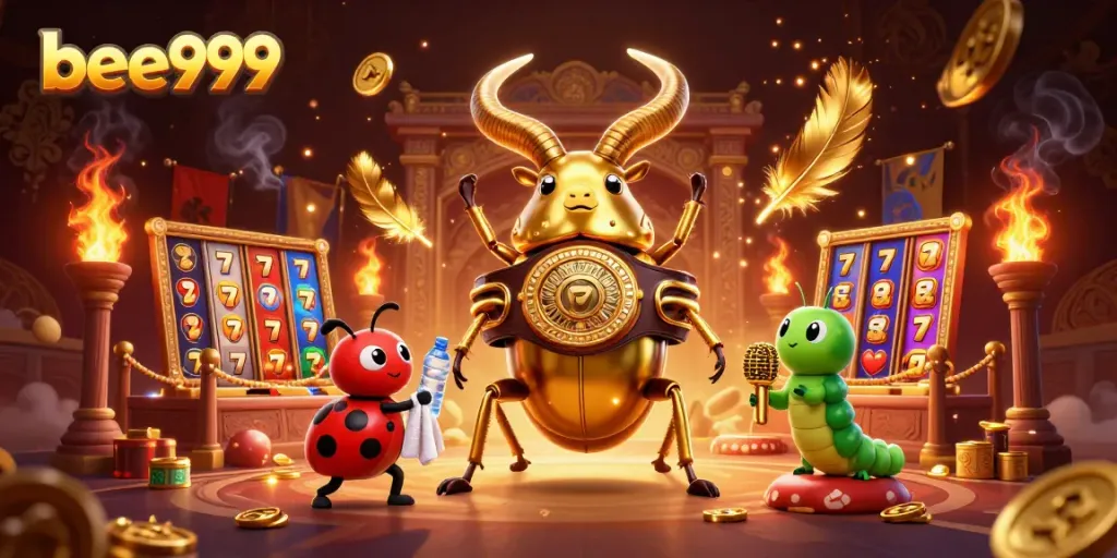 Experience the thrill of bee999 gaming with a dynamic fight scene featuring a golden beetle champion.