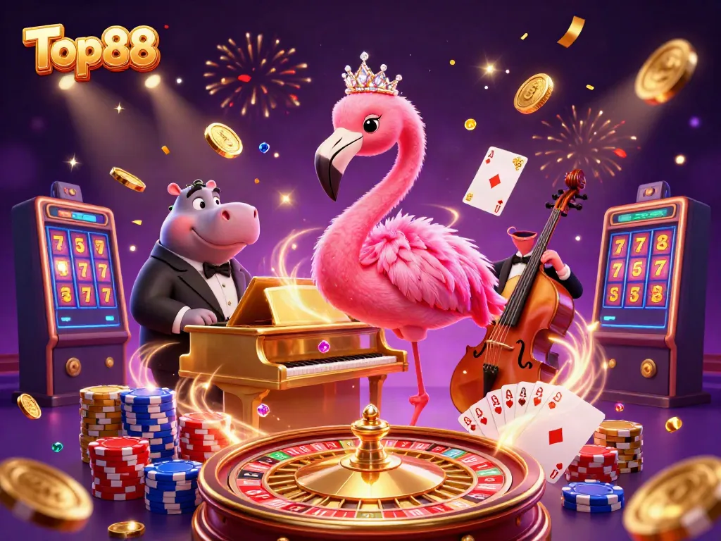 Experience the thrill of Top88 with vibrant casino-themed digital art featuring flamboyant characters and sparkling elements.