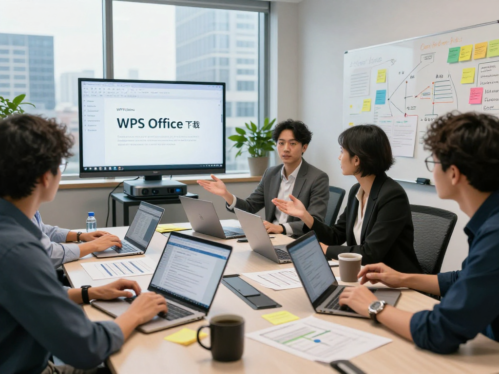 专业团队在会议室讨论WPS Office下载的功能与优势，突显协作与高效能