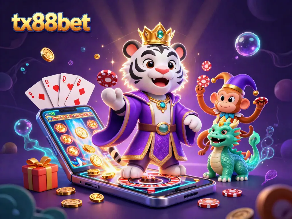 Join the excitement at tx88bet with a vibrant 3D illustration of characters and casino games.