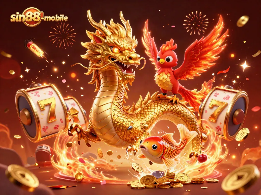 Experience thrilling gameplay with sin88-mobile as a golden dragon, phoenix, and koi fish celebrate amid vibrant casino elements.