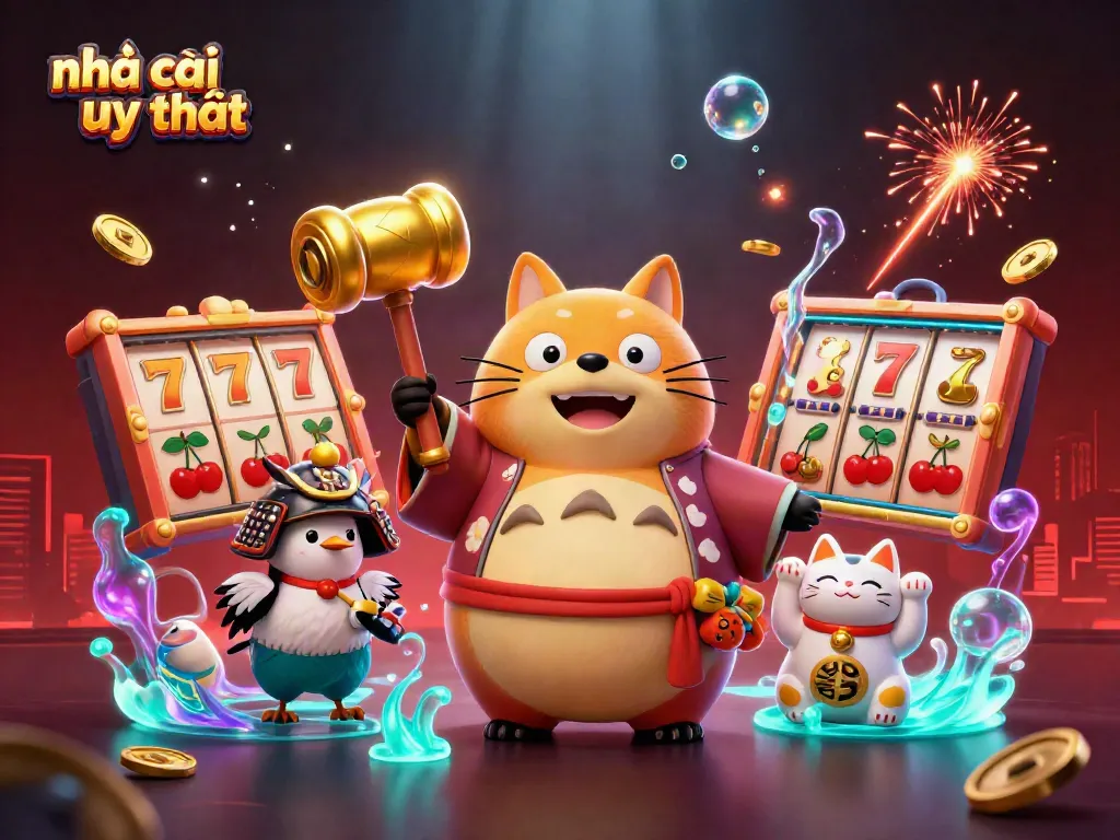 Join the action at nhà cái uy tín with cheerful characters symbolizing fortune in an engaging casino scene.