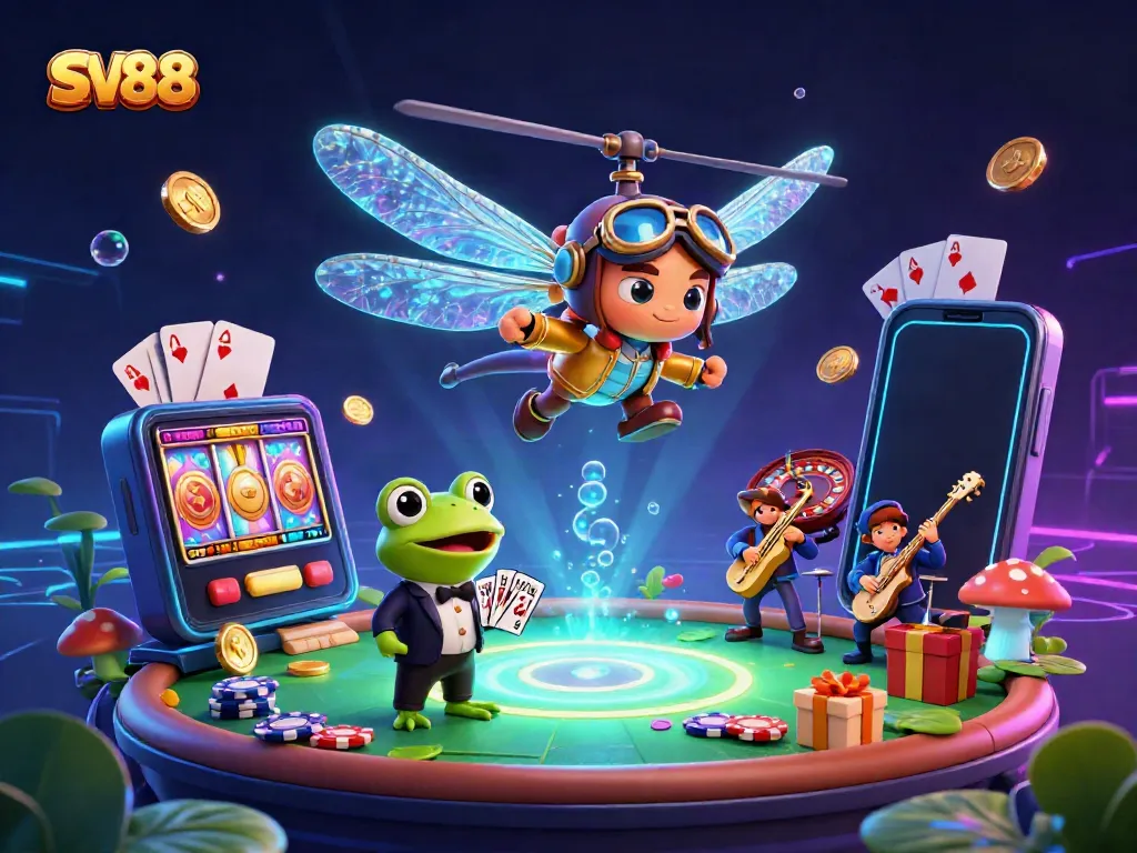 Engage with SV88's vibrant casino scene featuring a dragonfly pilot, frog croupier, and jazz musicians.