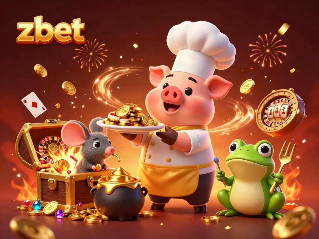 Engage with zbet's vibrant casino scene featuring gold coins, slot reels, and characters of a chef pig, a mouse, and a frog.