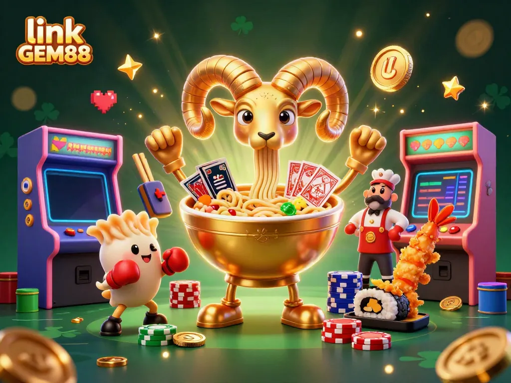 Cheerful characters from link GEM88 engaging in a vibrant casino scene with games and dynamic elements.