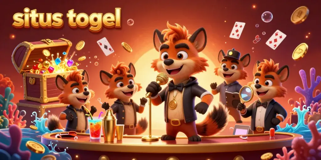 Experience the excitement at situs togel with lively hyenas performing in a vibrant comedy casino scene.