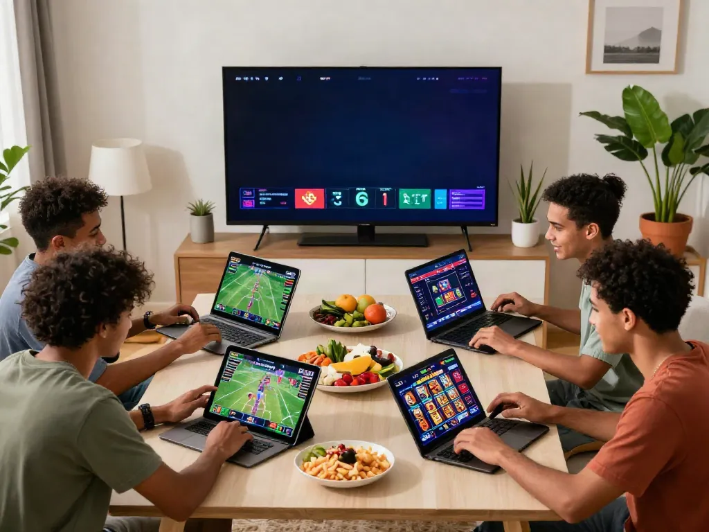 A diverse group enjoying the five88 gaming platform in a lively living room setting.