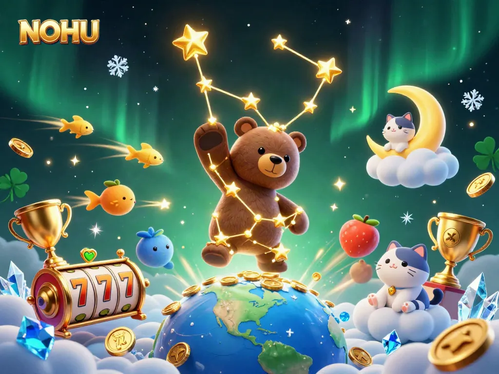 Experience winning excitement with NOHU's vibrant 3D casino characters and slots in a dynamic illustration.