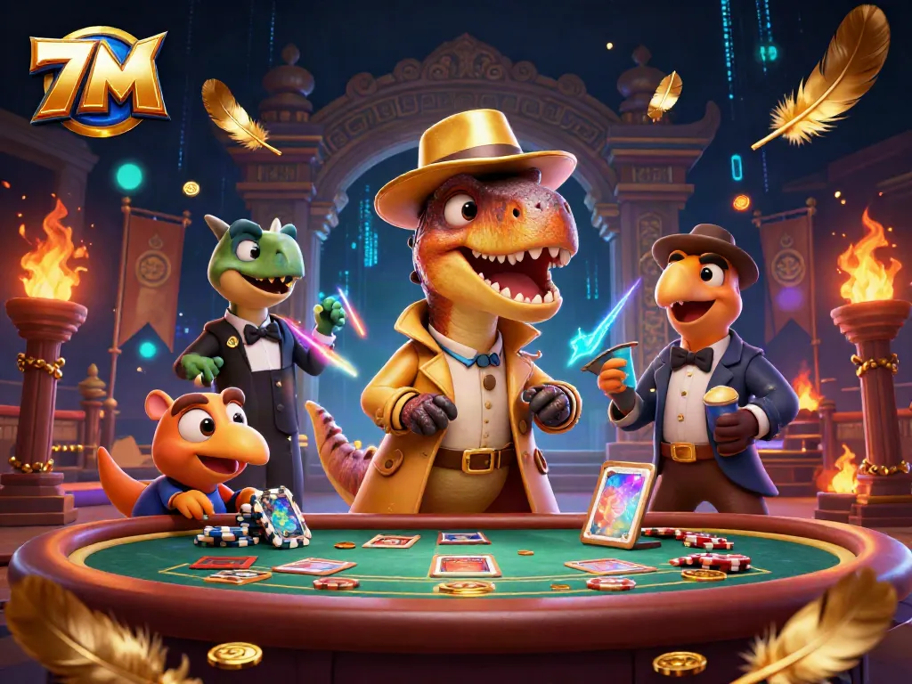 Spot the 7M velociraptor card counter blending in at a casino table while a stegosaurus watches.