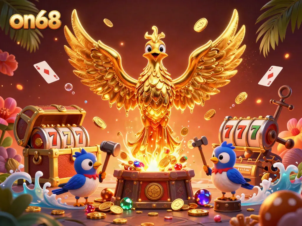 Play exciting casino games with on68, featuring a molten golden phoenix and vibrant slot elements.