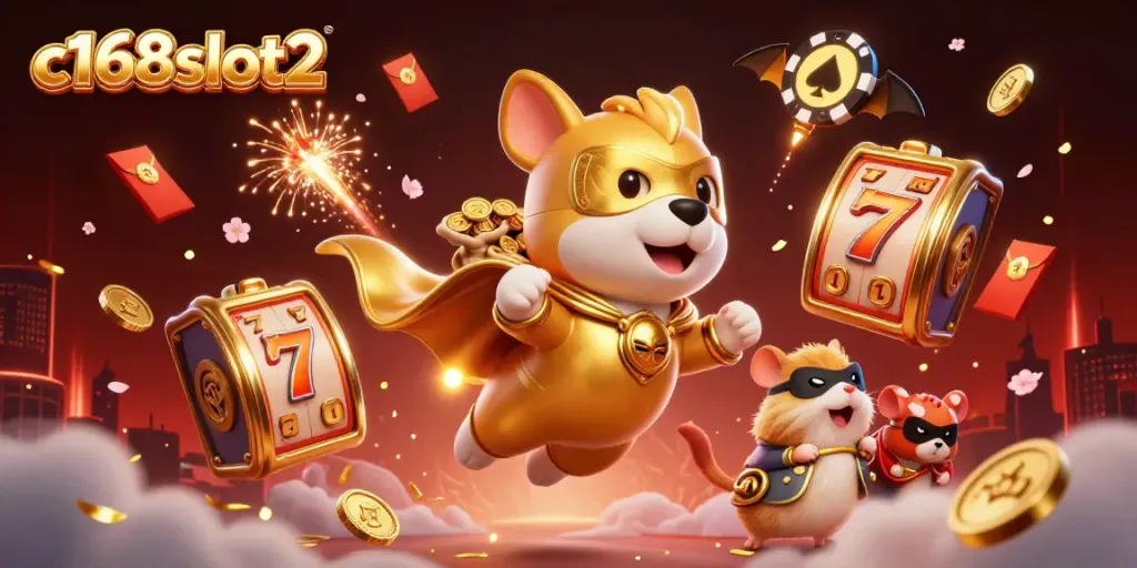 Experience excitement with c168slot2 in a vibrant 3D casino scene filled with winning slots and festive elements.