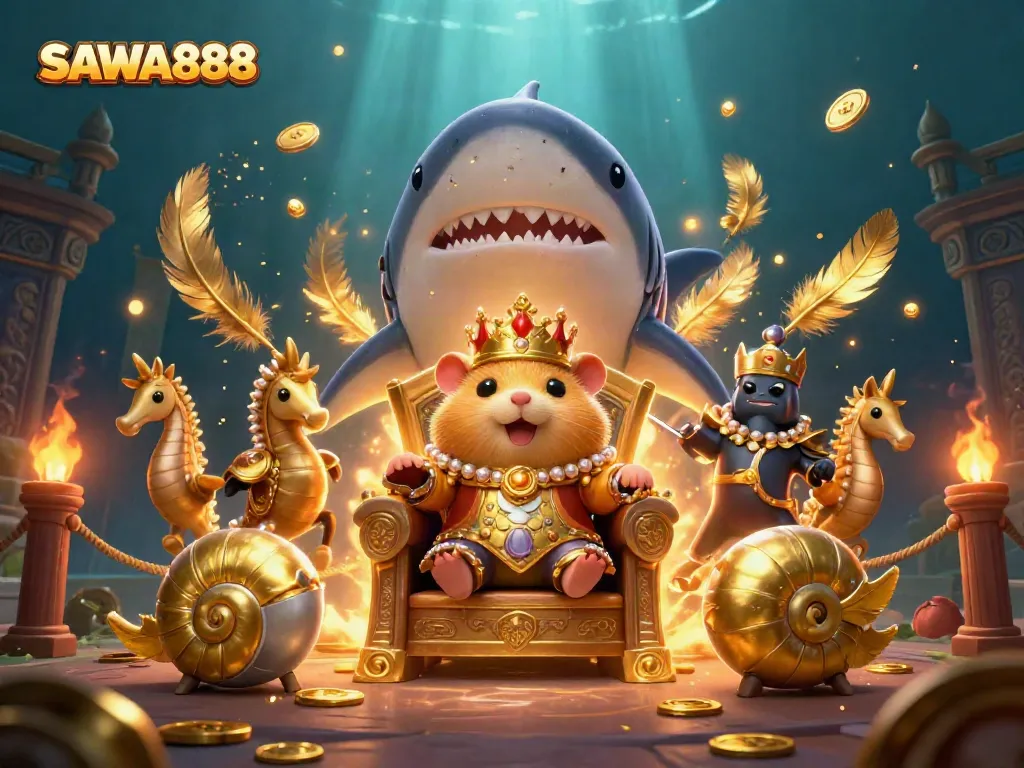 Engage with SAWA888's vibrant casino world featuring a fierce hamster king and dynamic elements.