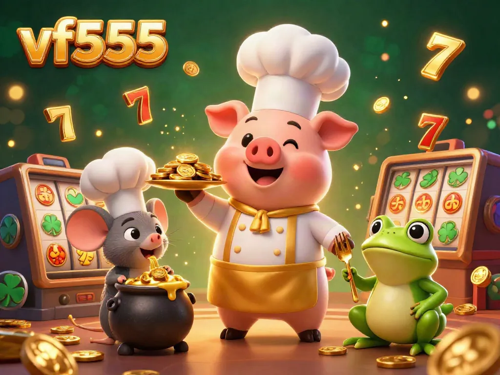 Experience winning at vf555 with a chef pig serving gold coins in a rich 3D casino environment.