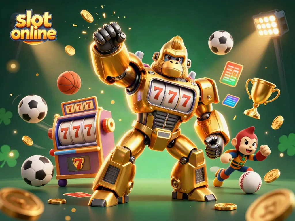 Experience thrilling slot online gameplay with a dynamic golden gorilla mech and coins bursting forth.
