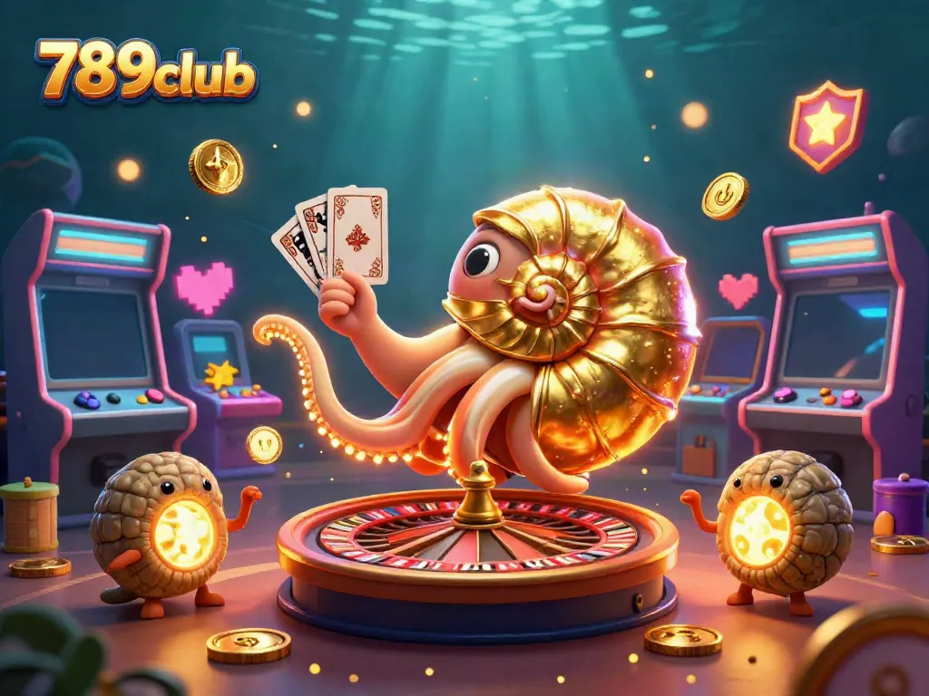 Engage in thrilling games with 789club’s vibrant 3D illustration showcasing an ancient nautilus and glowing ammonite companions.