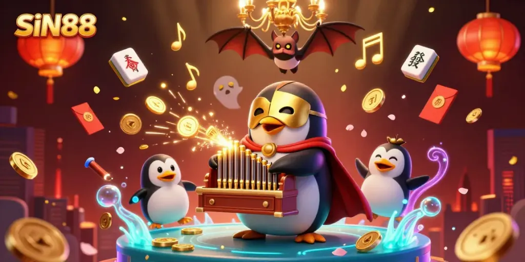 Experience thrilling gaming action at SIN88 with vivid 3D illustration of a penguin playing a golden organ.