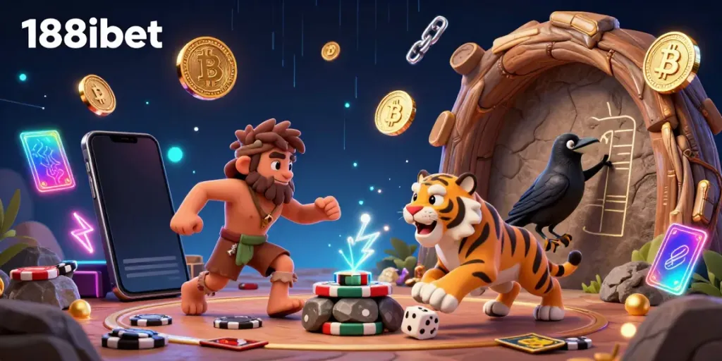 Experience thrilling gaming at 188ibet's prehistoric casino with vibrant 3D cartoon characters and crypto elements.
