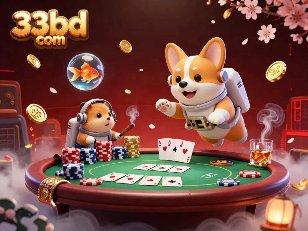 Experience thrilling gameplay at 33bd com, with a floating poker casino scene filled with chips and characters.