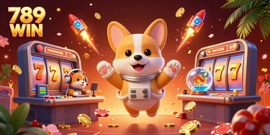 Experience the thrilling energy at 789 WIN with a dynamic scene showcasing a corgi astronaut in a casino.