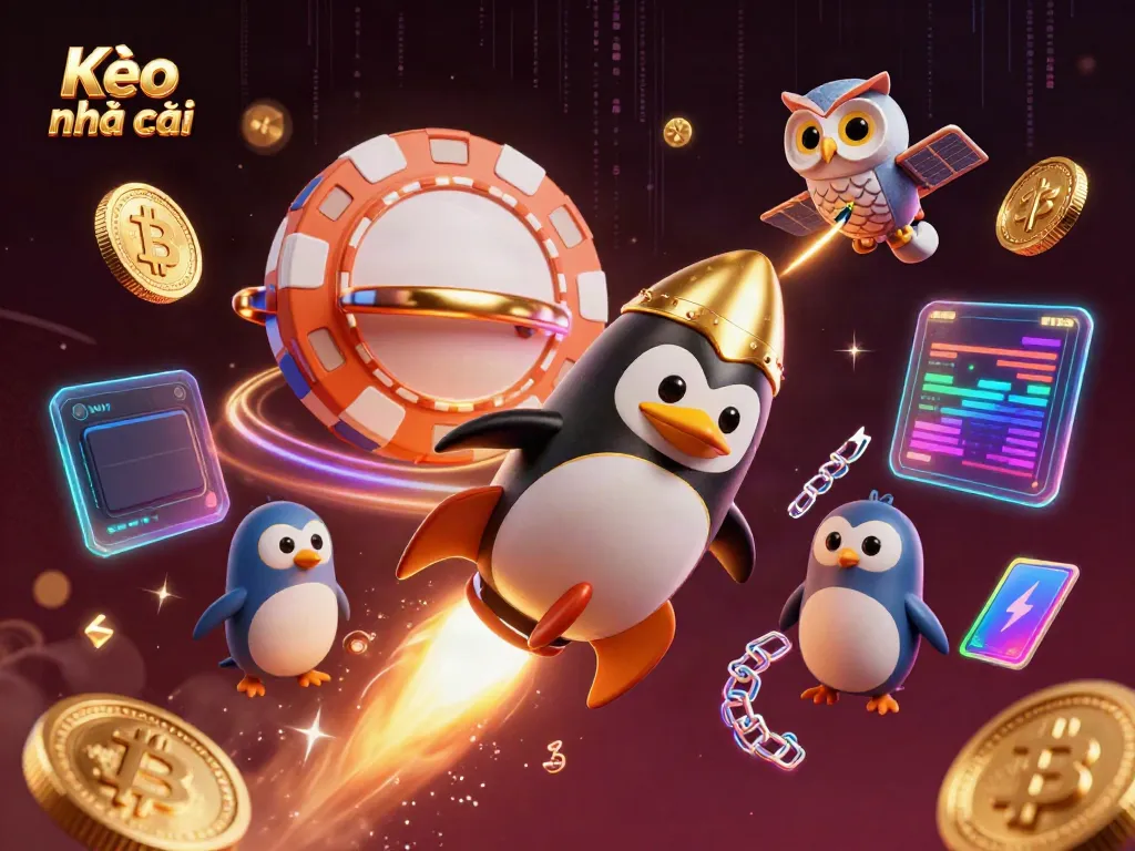 Experience thrilling Kèo nhà cái gambling adventures with a golden penguin and casino-themed space.