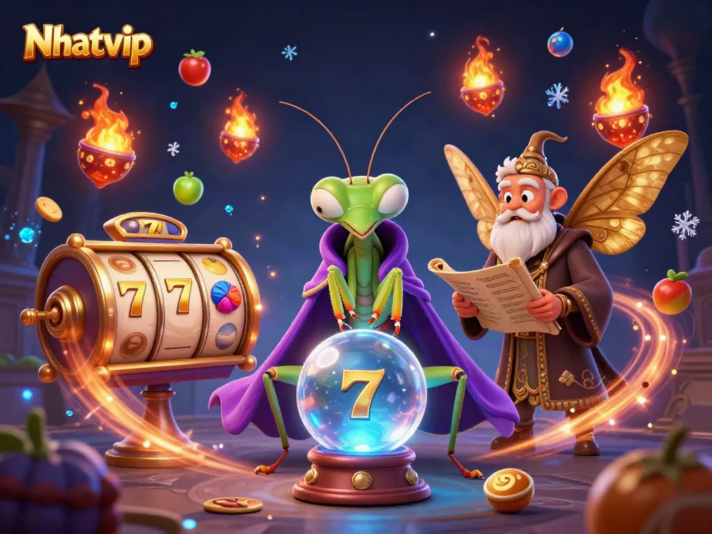 Nhatvip slot games illustration featuring a praying mantis fortune teller and colorful symbols.