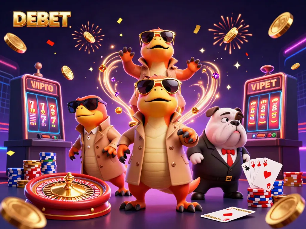 Engaging raptors in a trench coat entering a DEBET VIP casino, surrounded by sparkling gems.